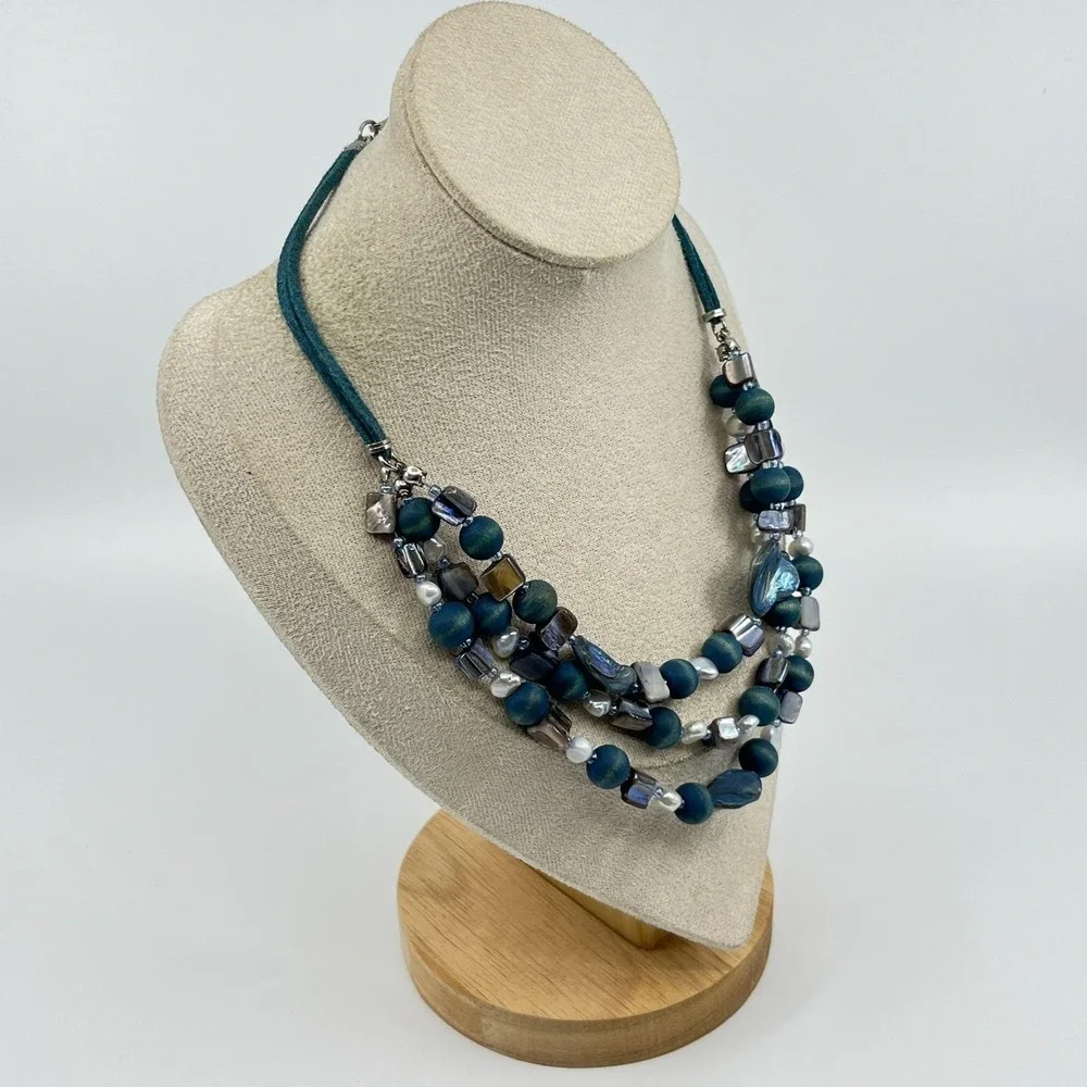VTG Retro Boho Teal Multi-Strand Necklace Wood Mother Of Pearl Suede Y2K Coastal